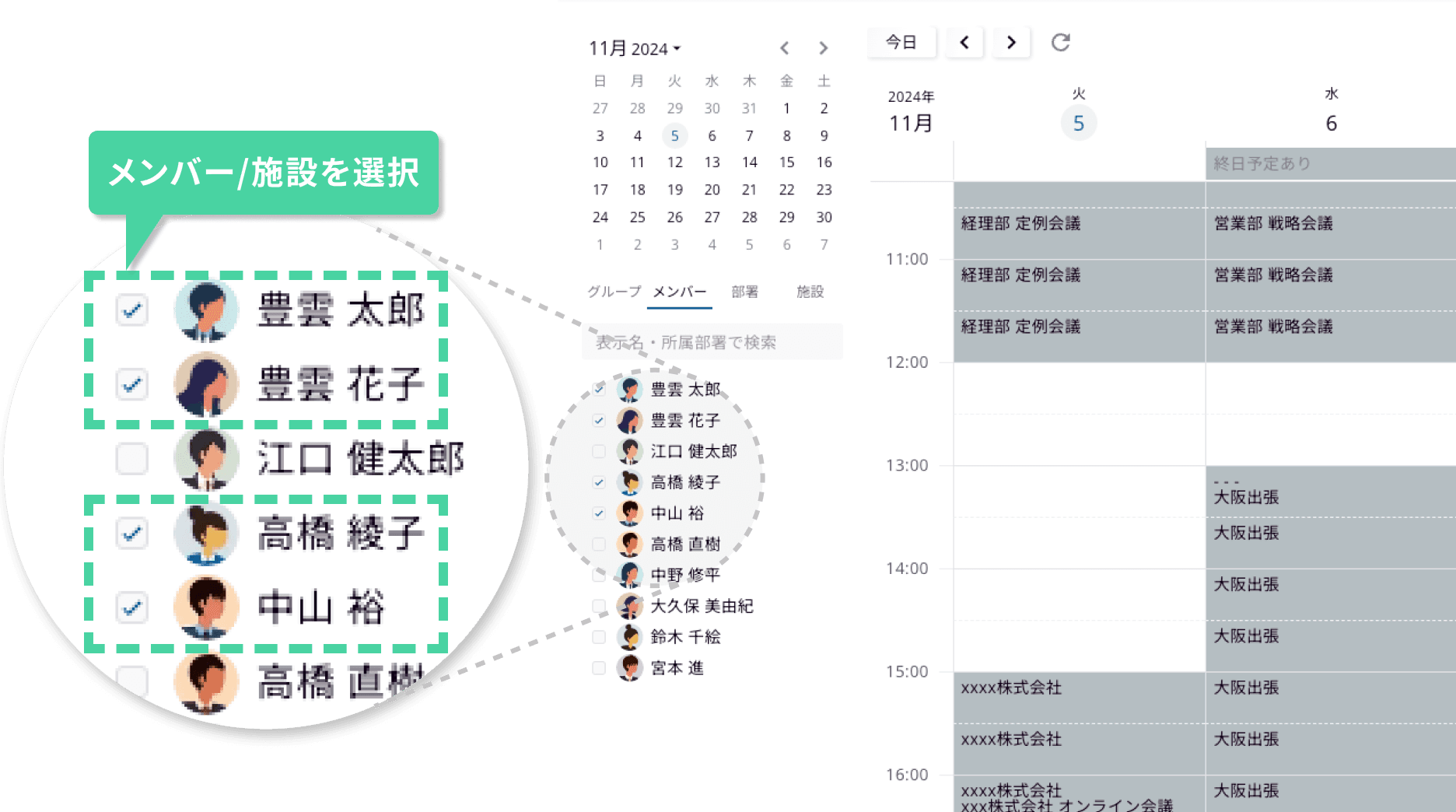 メンバー/施設を自由に組み合わせて表示